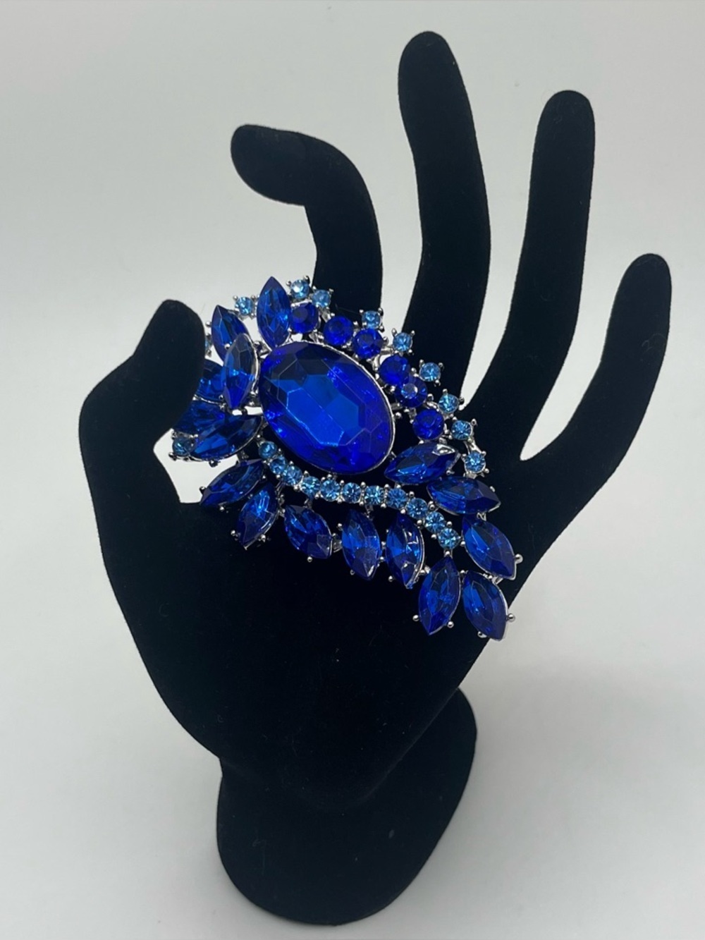 Royal Blue Crystal Floral Statement Brooch for Women